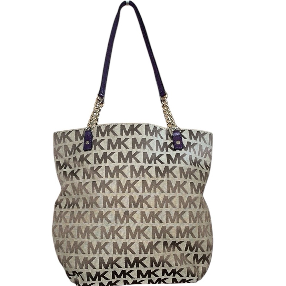 •MICHAEL KORS•BROWN & TAN W/PURPLE LEATHER CHAIN STRAPS TOTE BAG EUC